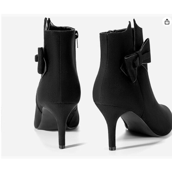 Ermonn Womens Pointed Toe Ankle Boots Stiletto Heels Side Zipper Bow Faux Suede - Picture 6 of 11